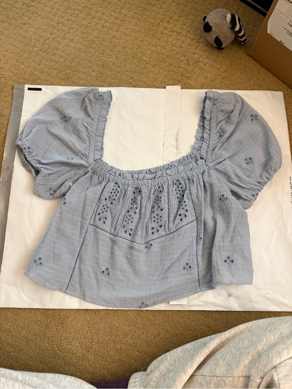 Zara Light Blue Puff Sleeve Eyelet Peasant Top Size S